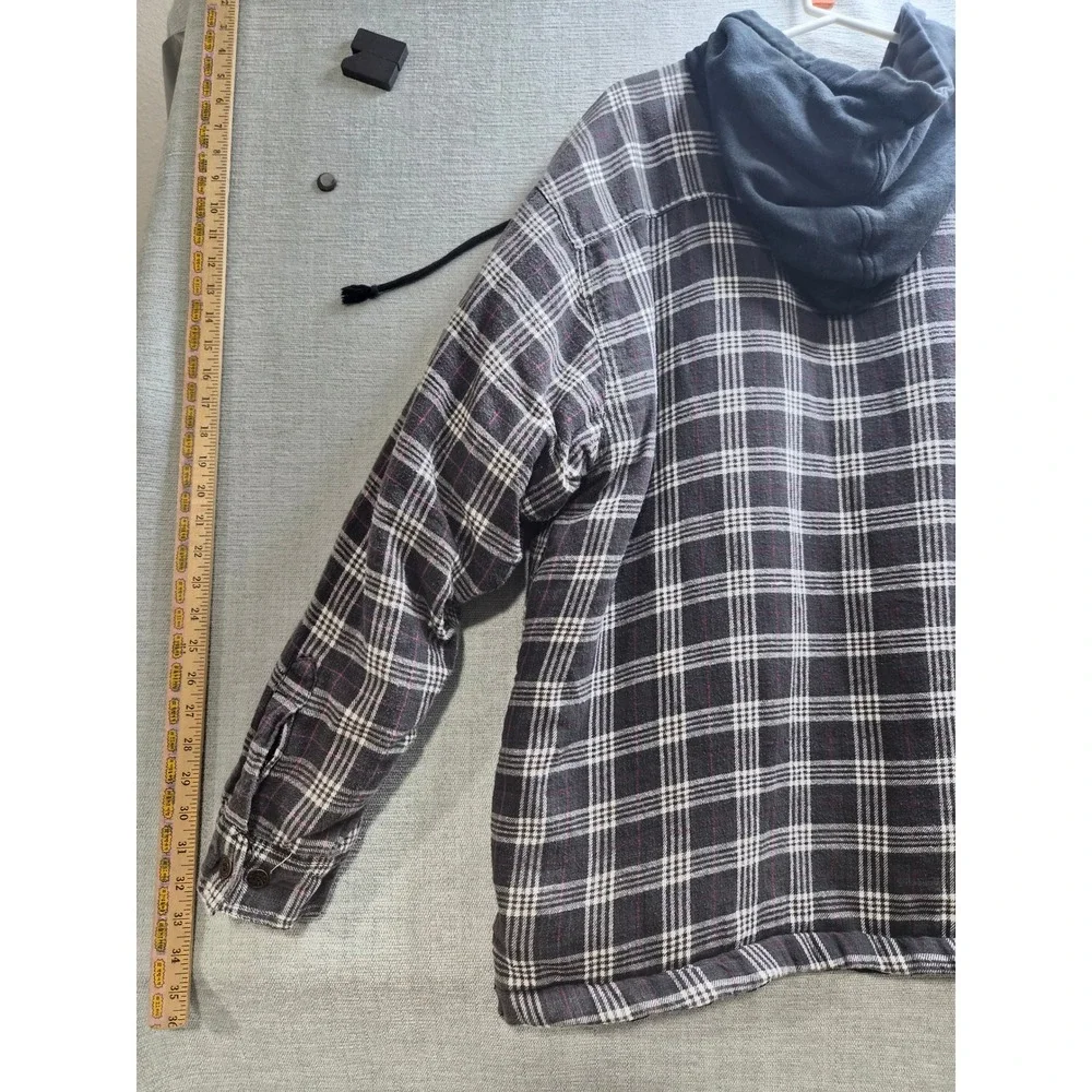 Craftsman Flannel Shirt Jacket Mens XL Black Gray Quilted Lined Hooded No Zip